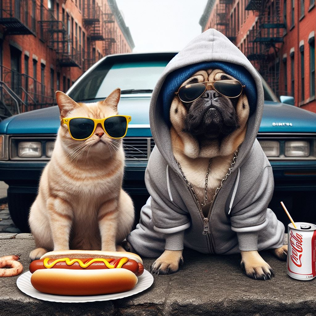 Prompt use to create: A Pug from the Hood standing on the corner with a cool cat eating hot dogs