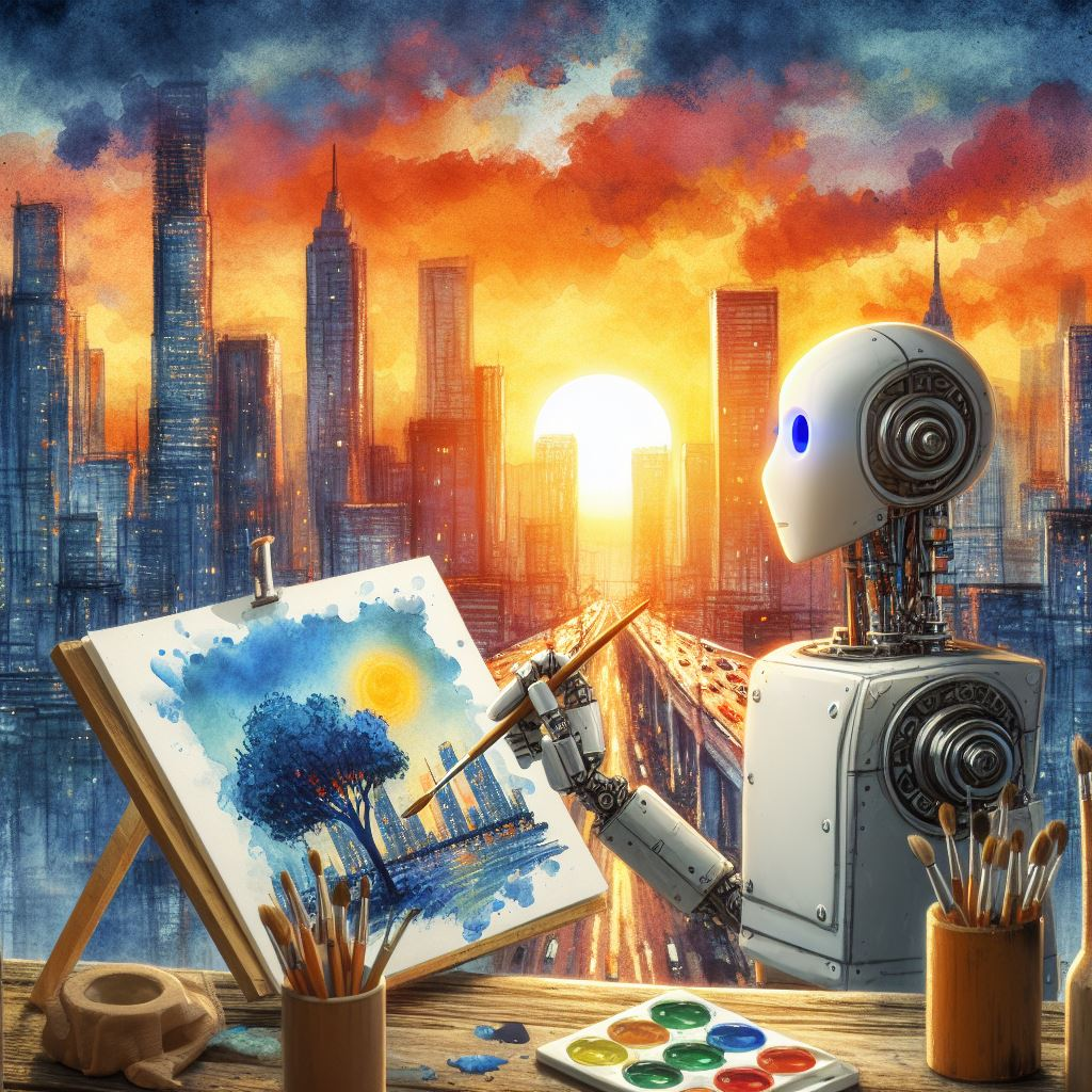 Prompt used to create: A robot painting a watercolor cityscape at sunset in the style of Van Gogh