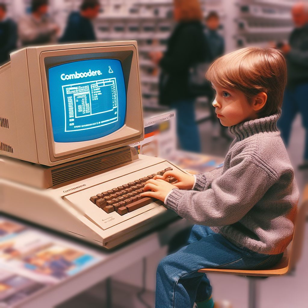 kid using a commodore pet computer on display in a store in the 1990's